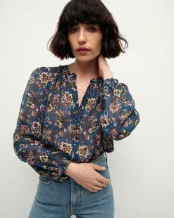 Veronica Beard Tops*Ashlynn Silk Blouse in Blue Print BlueStoneMulti