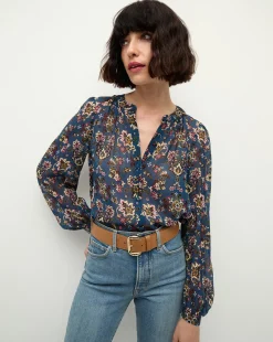 Veronica Beard Tops*Ashlynn Silk Blouse in Blue Print BlueStoneMulti