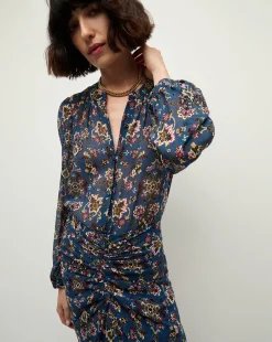 Veronica Beard Tops*Ashlynn Silk Blouse in Blue Print BlueStoneMulti