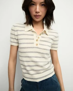 Veronica Beard Tops|Sweaters*Brandt Striped Cashmere Polo in Ivory/Heather Grey Ivory/HeatherGrey