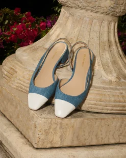 Veronica Beard Flats & Loafers*Cecile Denim Cap-Toe Slingback in Denim/Coconut