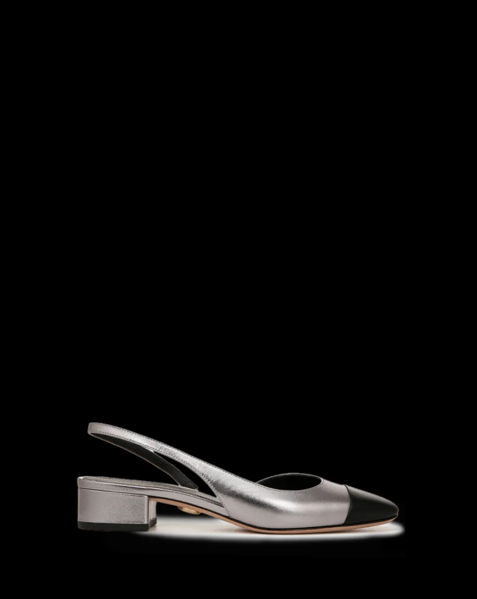 Veronica Beard Flats & Loafers*Cecile Leather Cap-Toe Slingback in Silver/Black