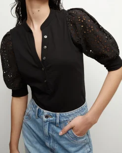 Veronica Beard Tops*Coralee Eyelet Puff-Sleeve Tee in Black