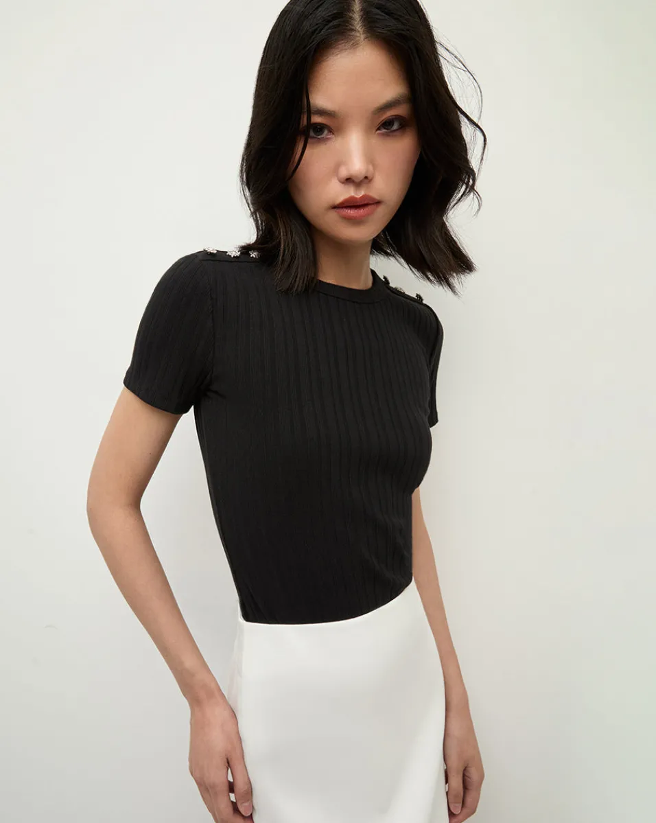 Veronica Beard Tops|Party Dressing*Draya Rhinestone Button Tee in Black