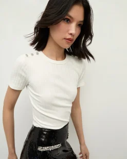 Veronica Beard Tops*Draya Rhinestone Button Tee in White