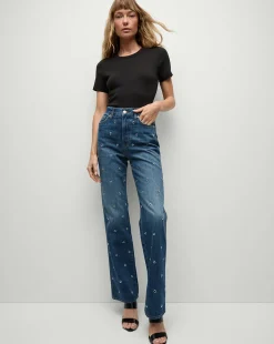 Veronica Beard Jeans*Dylan Grommet Straight-Leg Jeans in Blue Denim Bandit