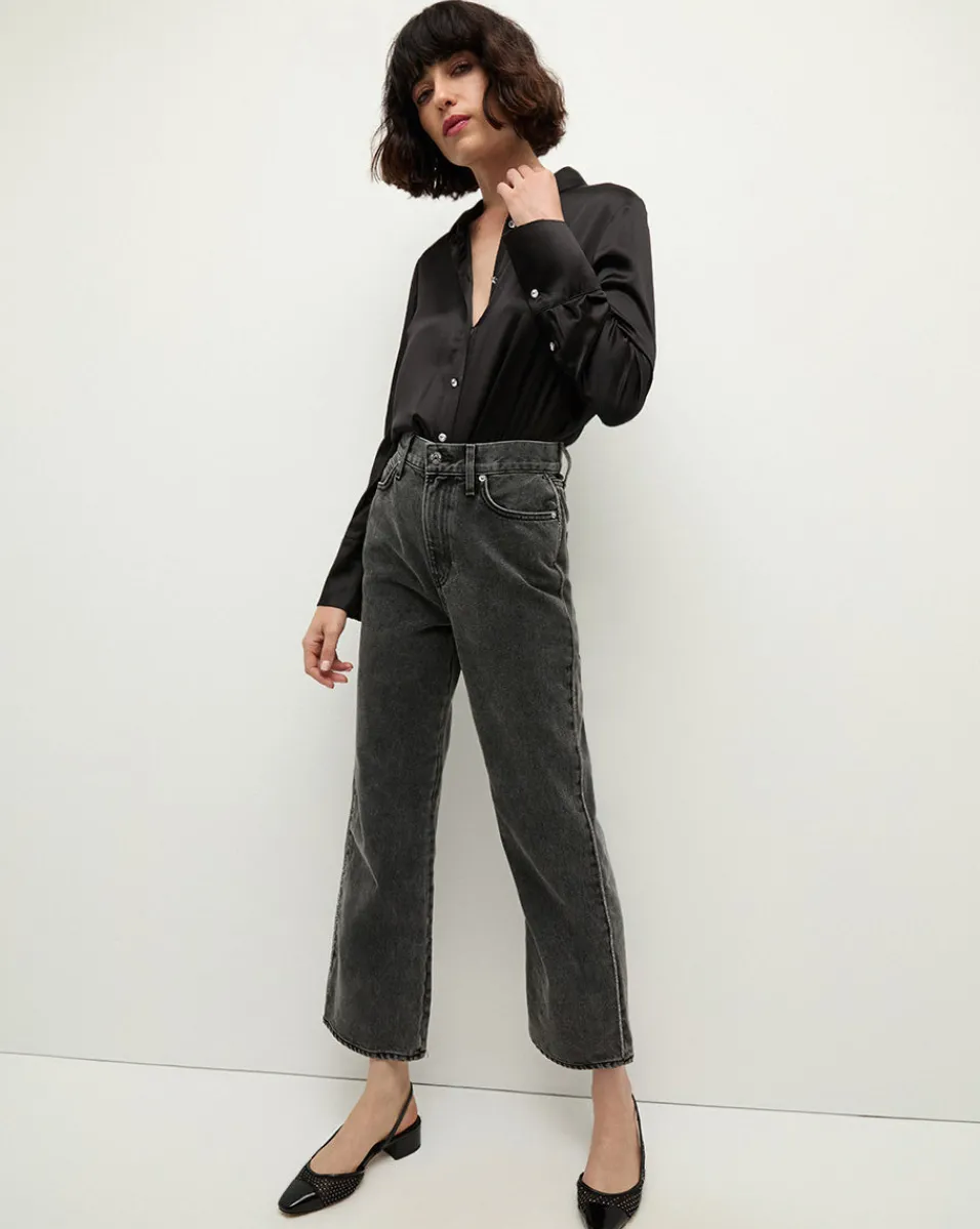 Veronica Beard Jeans|Party Dressing*Dylan Rhinestone-Stripe Straight-Leg Jean in Washed Black StonedWashedOnyx