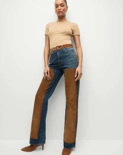 Veronica Beard Jeans|Matching Sets*Dylan Suede-Patchwork Straight-Leg Jean in Equinox Blue EquinoxBlue