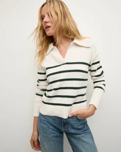 Veronica Beard Sweaters|Tops*Jovie Striped V Neck Sweater in Ivory & Green Ivory/Pine