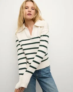 Veronica Beard Sweaters|Tops*Jovie Striped V Neck Sweater in Ivory & Green Ivory/Pine