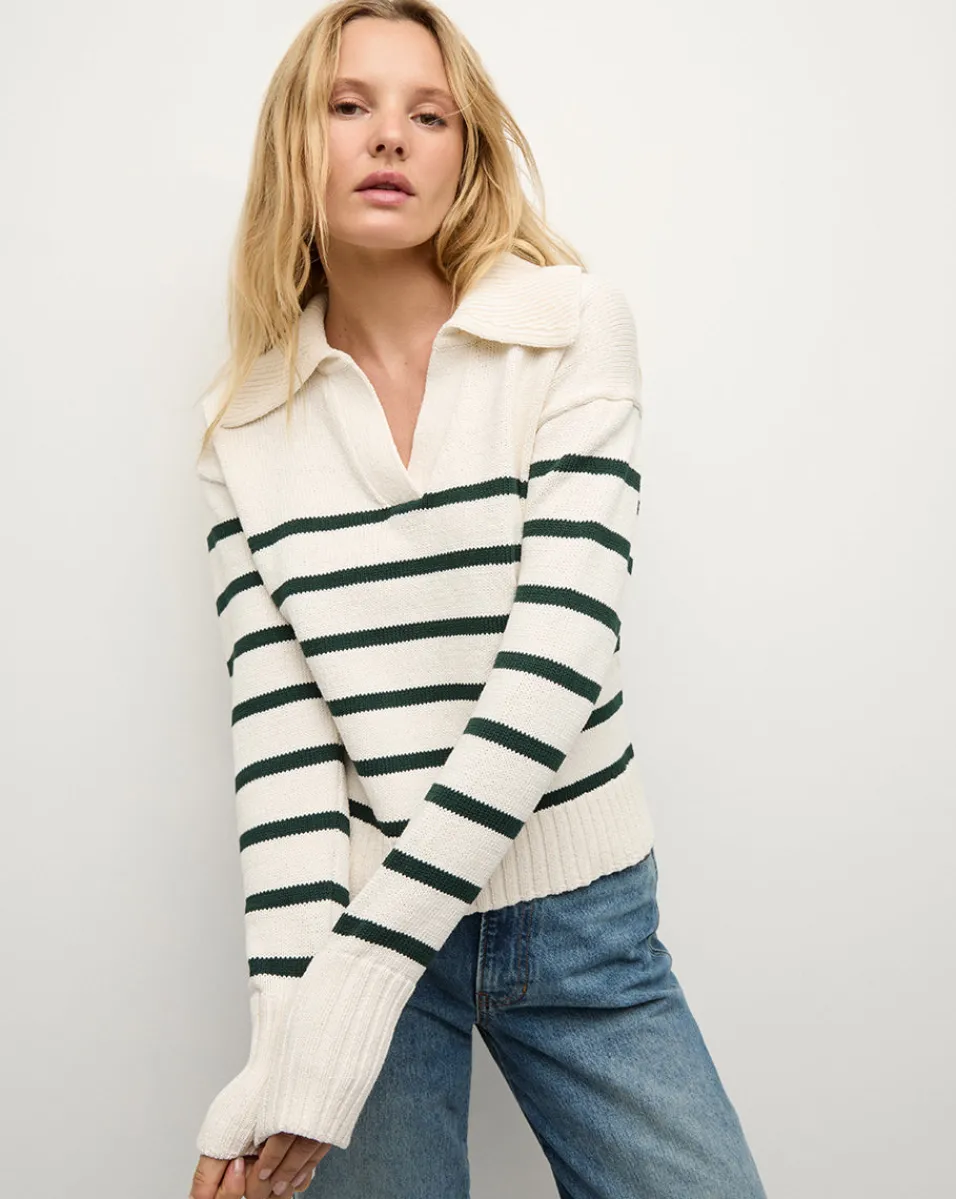 Veronica Beard Sweaters|Tops*Jovie Striped V Neck Sweater in Ivory & Green Ivory/Pine