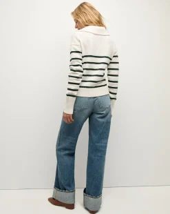 Veronica Beard Sweaters|Tops*Jovie Striped V Neck Sweater in Ivory & Green Ivory/Pine