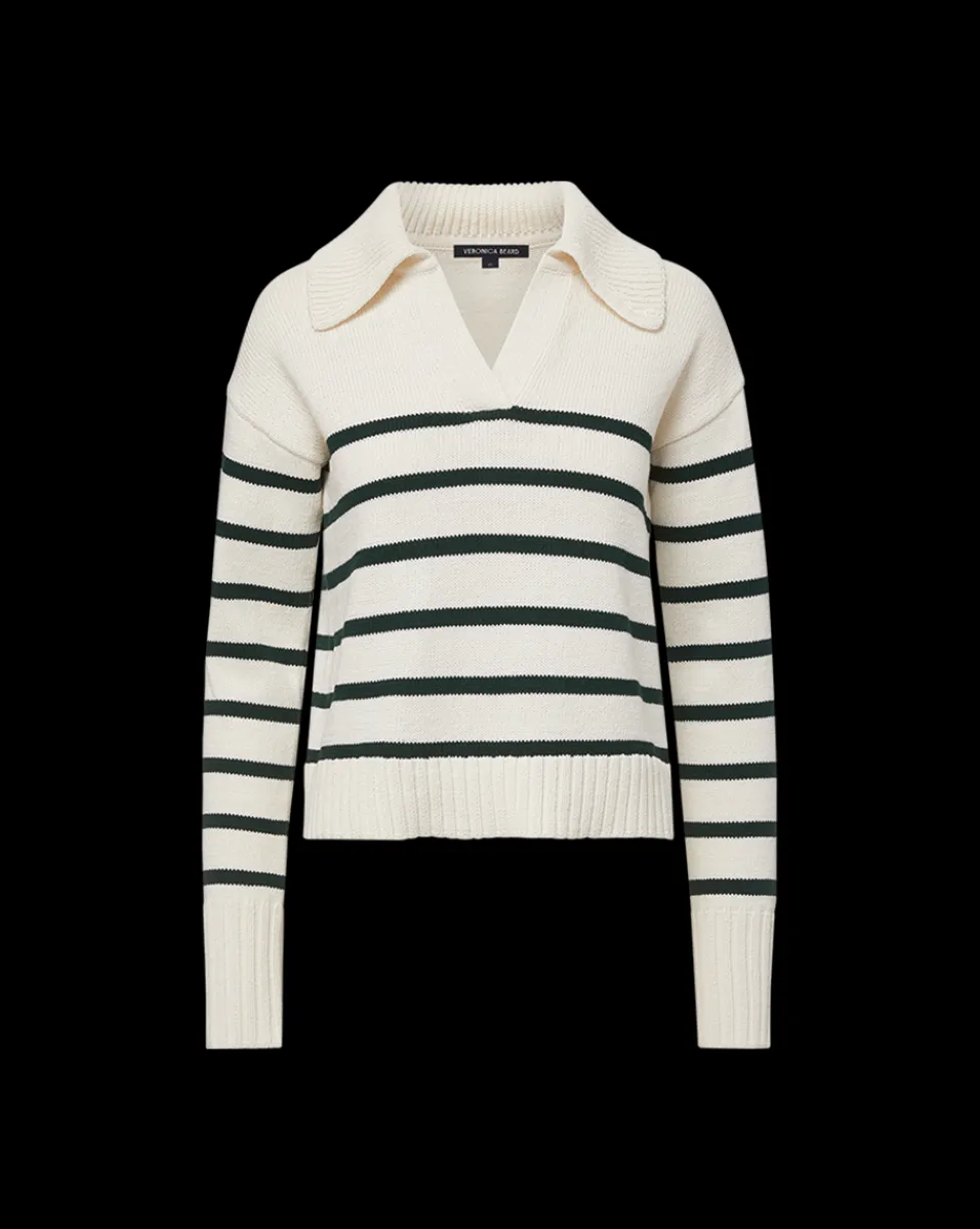 Veronica Beard Sweaters|Tops*Jovie Striped V Neck Sweater in Ivory & Green Ivory/Pine