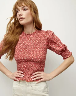 Veronica Beard Tops*Langston Smocked Top in Brick Red/White BrickRed/White
