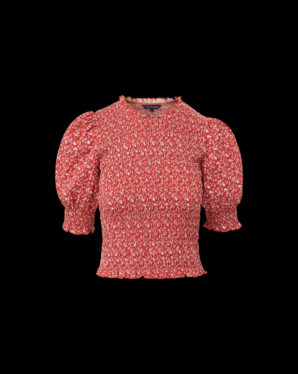 Veronica Beard Tops*Langston Smocked Top in Brick Red/White BrickRed/White
