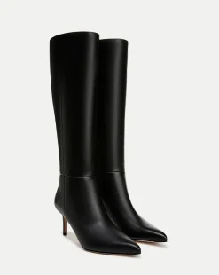 Veronica Beard Boots & Booties*Lisa Leather Mid-Heel Tall Boot in Black