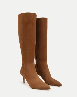 Veronica Beard Boots & Booties*Lisa Suede Mid-Heel Tall Boot in Chestnut
