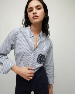 Veronica Beard Tops|Vb Classics*Lloyd Striped Button-Down Top | Logo Crest in Blue/Off-White