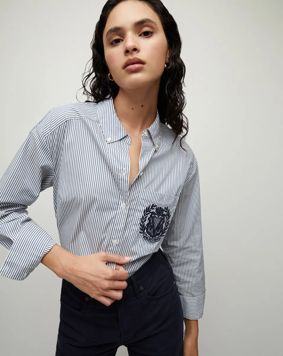 Veronica Beard Tops|Vb Classics*Lloyd Striped Button-Down Top | Logo Crest in Blue/Off-White