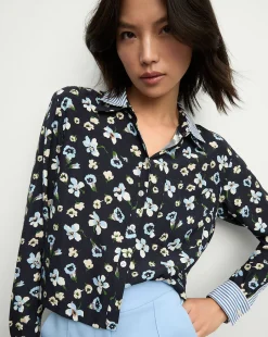 Veronica Beard Tops*Maia Floral Silk Double-Collar Shirt in Navy Multi NavyMulti