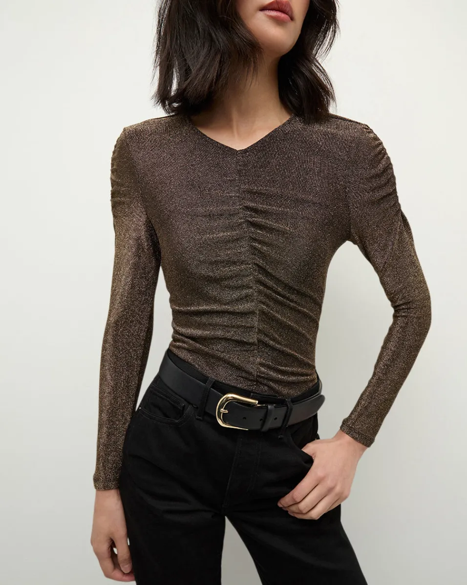 Veronica Beard Tops|The Veronicas' Favorites*Neeta Ruched Long Sleeve Top in Gold AntiqueGoldLurex