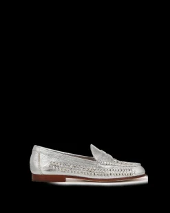 Veronica Beard Flats & Loafers*Penny Woven Metallic Leather Loafer Silver