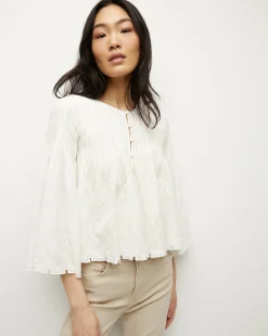 Veronica Beard Tops*Quimby Bell-Sleeve Cotton Peplum Top Off-White