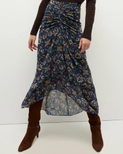 Veronica Beard Skirts & Shorts*Sira Long Ruched Silk Skirt in Blue-Stone-Multi BlueStoneMulti