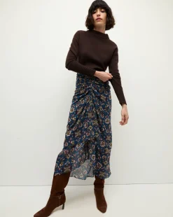 Veronica Beard Skirts & Shorts*Sira Long Ruched Silk Skirt in Blue-Stone-Multi BlueStoneMulti