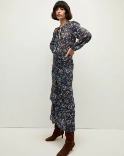 Veronica Beard Skirts & Shorts*Sira Long Ruched Silk Skirt in Blue-Stone-Multi BlueStoneMulti