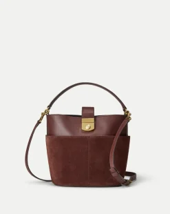 Veronica Beard Shoulder Bags|The Gift Guide*Small Crest Lock Suede Bucket Bag in Chestnut