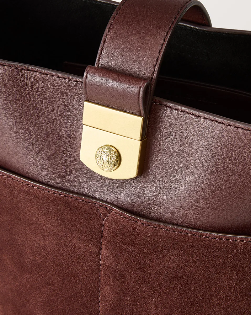 Veronica Beard Shoulder Bags|The Gift Guide*Small Crest Lock Suede Bucket Bag in Chestnut