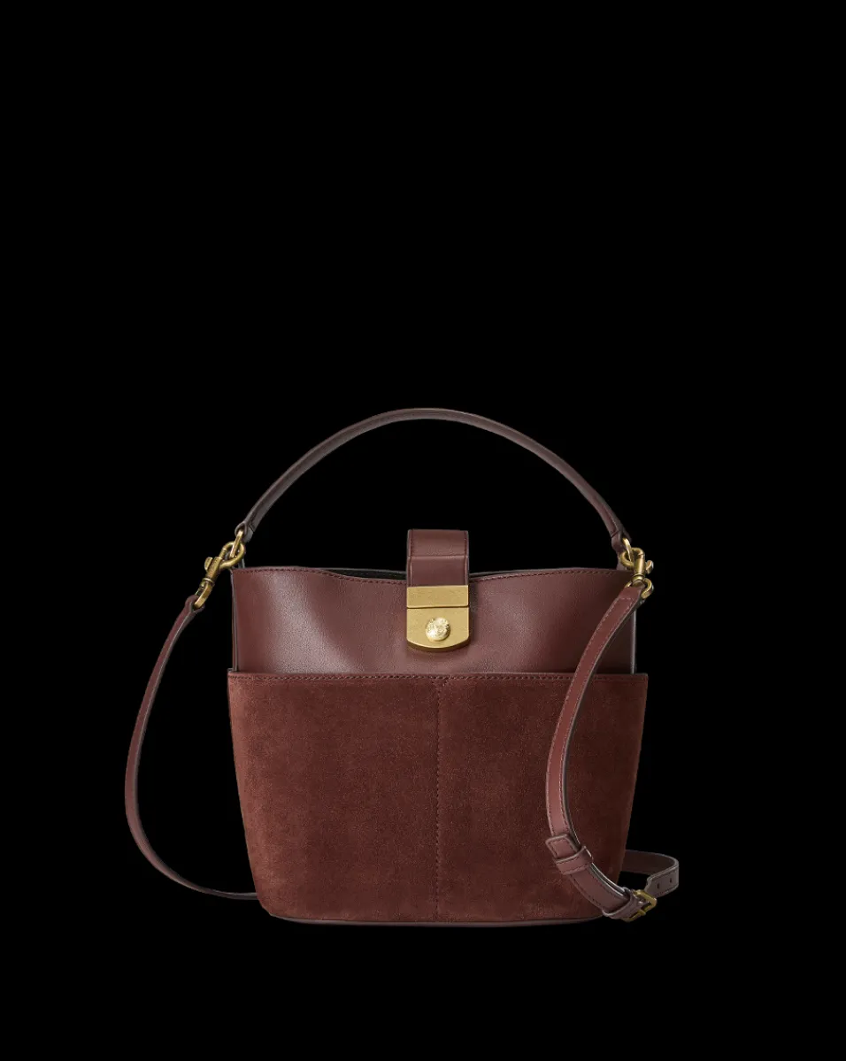 Veronica Beard Shoulder Bags|The Gift Guide*Small Crest Lock Suede Bucket Bag in Chestnut