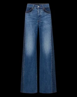Veronica Beard Jeans*Taylor Two-Tone Wide-Leg Jean in Light & Medium Blue RebelBlueColorblock