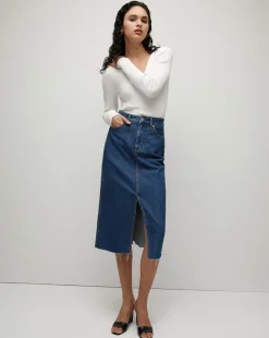 Veronica Beard Skirts & Shorts*Victoria Raw-Edge Midi Denim Skirt StonedBrightBlue