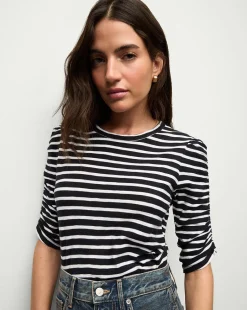 Veronica Beard Tops*Waldorf Ruched-Sleeve Tee in Navy/White