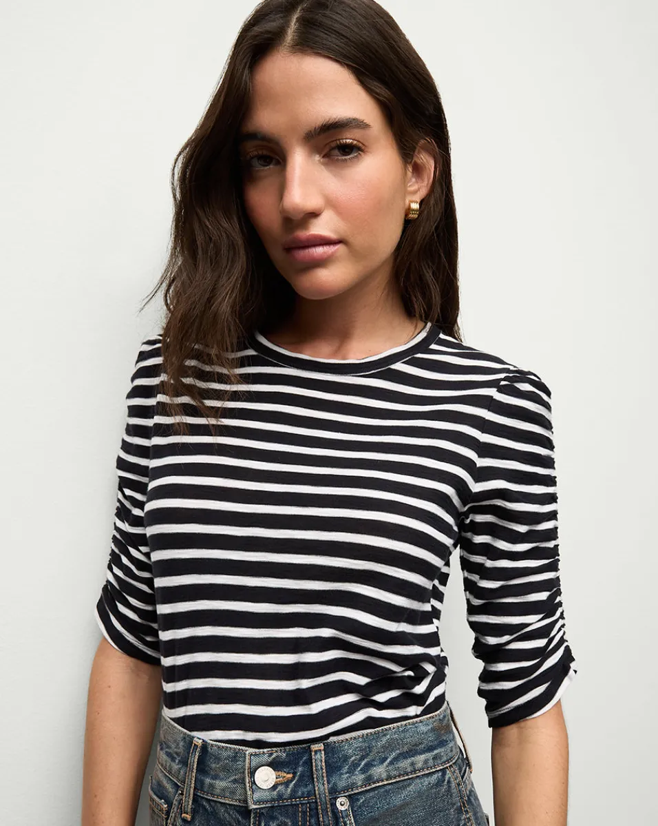 Veronica Beard Tops*Waldorf Ruched-Sleeve Tee in Navy/White