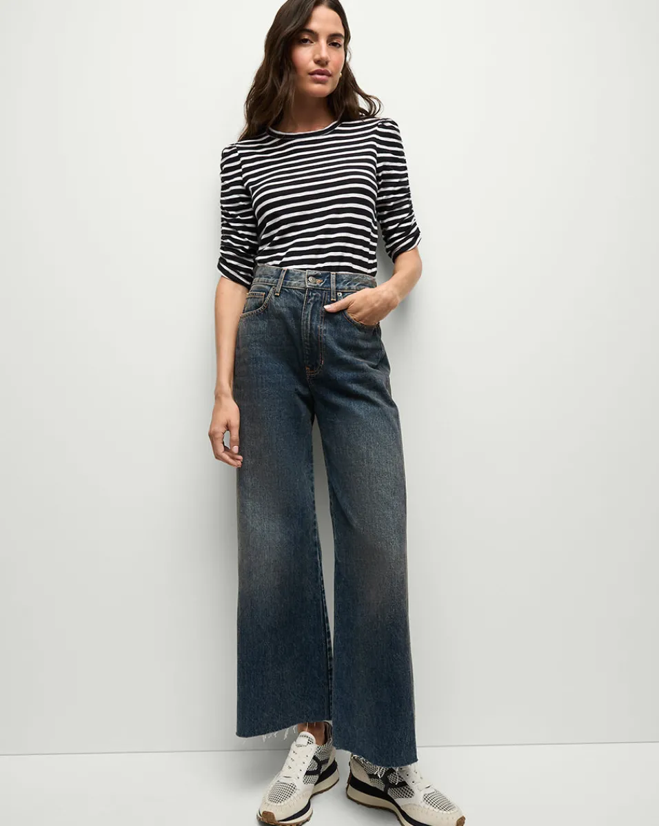Veronica Beard Tops*Waldorf Ruched-Sleeve Tee in Navy/White