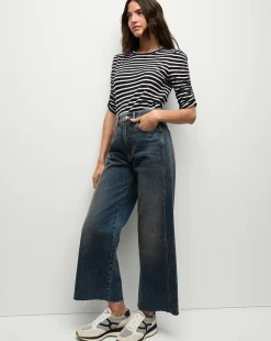 Veronica Beard Tops*Waldorf Ruched-Sleeve Tee in Navy/White