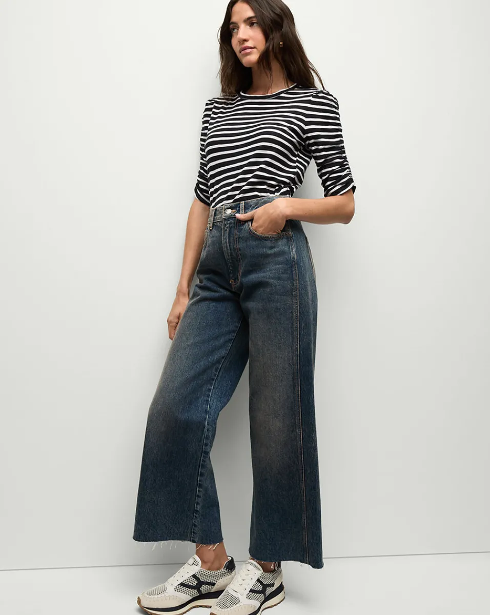 Veronica Beard Tops*Waldorf Ruched-Sleeve Tee in Navy/White