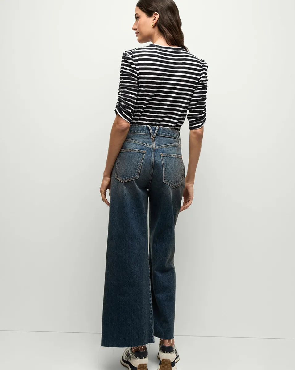 Veronica Beard Tops*Waldorf Ruched-Sleeve Tee in Navy/White